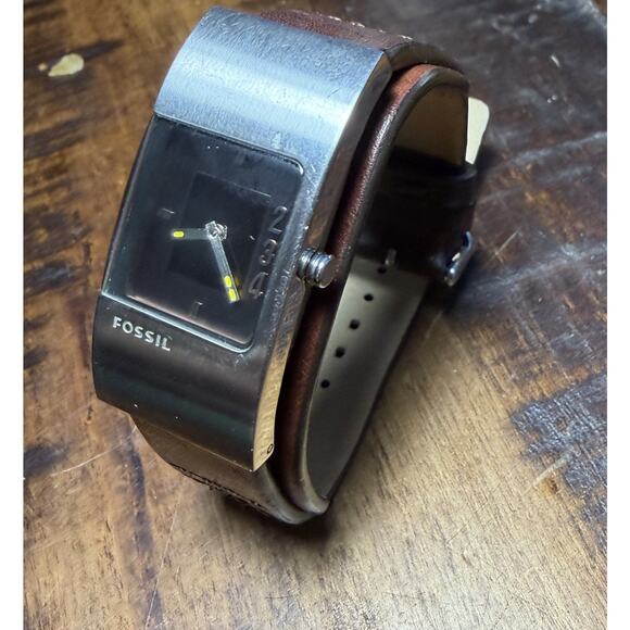 Fossil JR-9675 Square Cuff Watch Brown Leather Band Brushed Silver Tone Case main image 6